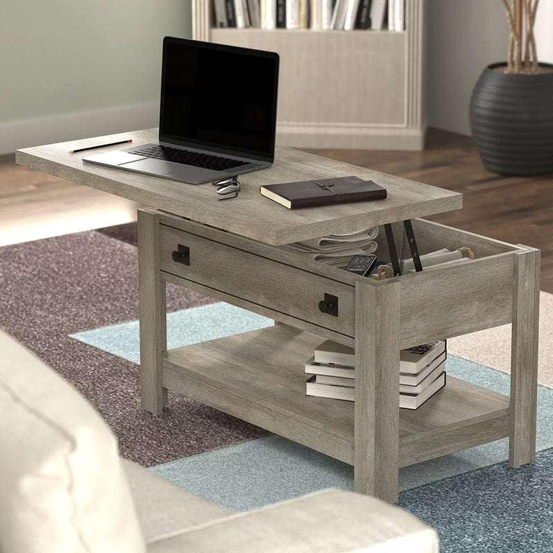 Transitional Wood Rectangle Lift Top Coffee Table with Hidden Storage Compartment