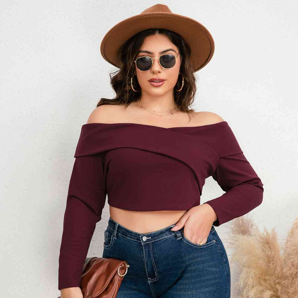 Plus Size Off-Shoulder Long Sleeve Cropped Top