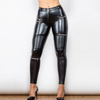 Shiny Black Zipper Detail Motorcycle Pants