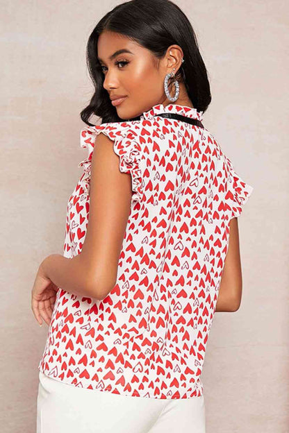 Heart Print Tie Neck Cap Sleeve Tank