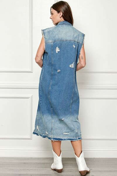 Full Size Distressed Sleeveless Longline Denim Jacket