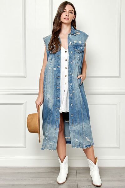 Full Size Distressed Sleeveless Longline Denim Jacket